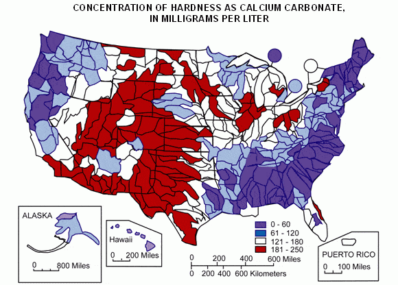 A color-coded U.S. map including calcium carbonate concentration in milligrams.