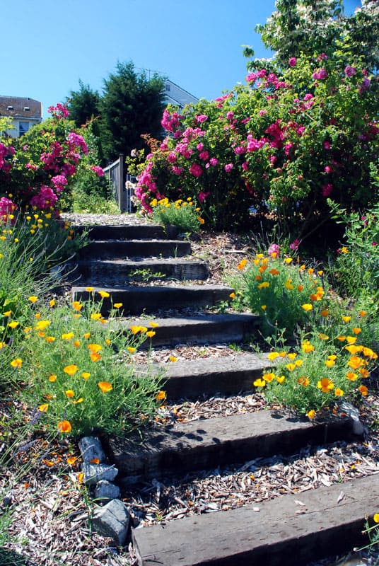 Wooden garden stairs made of repurposed railroad ties and wood chips.