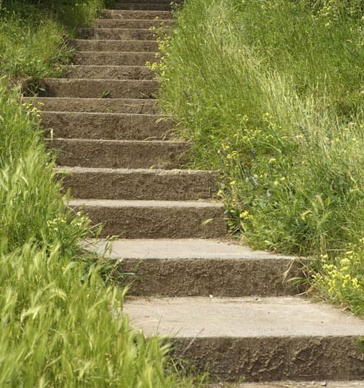 Poured concrete steps winding up a grassy hillside.