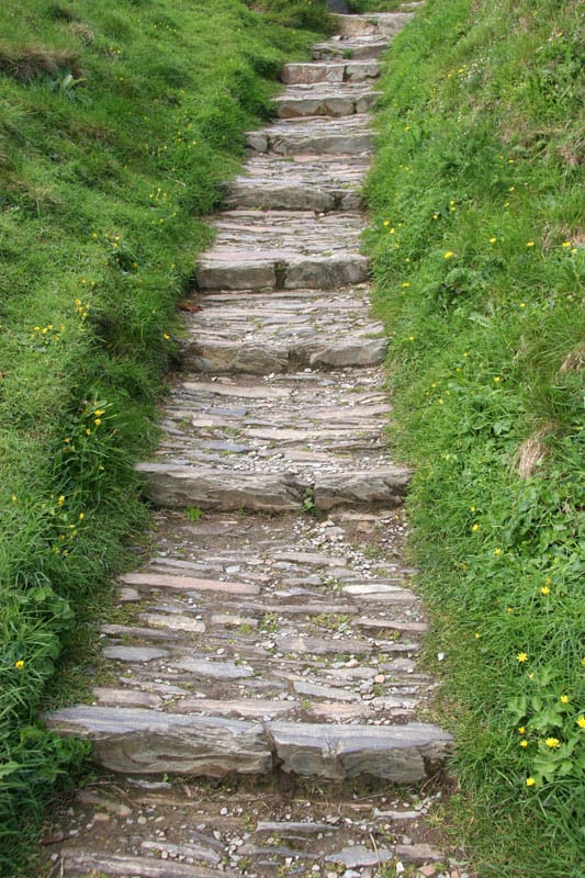 Mixed, broken stone pathway leading up a hillside.