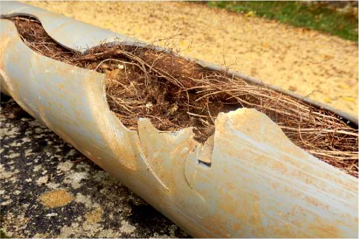 roots split apart a sewer pipe
