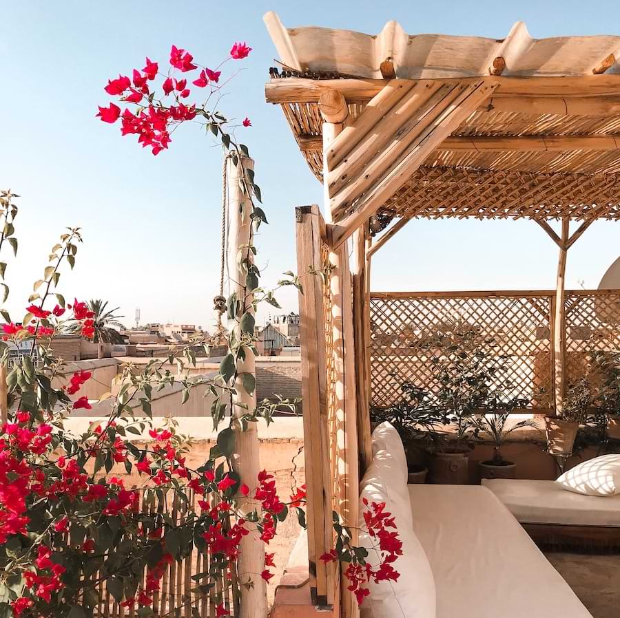 Bamboo shade shelter on rooftop